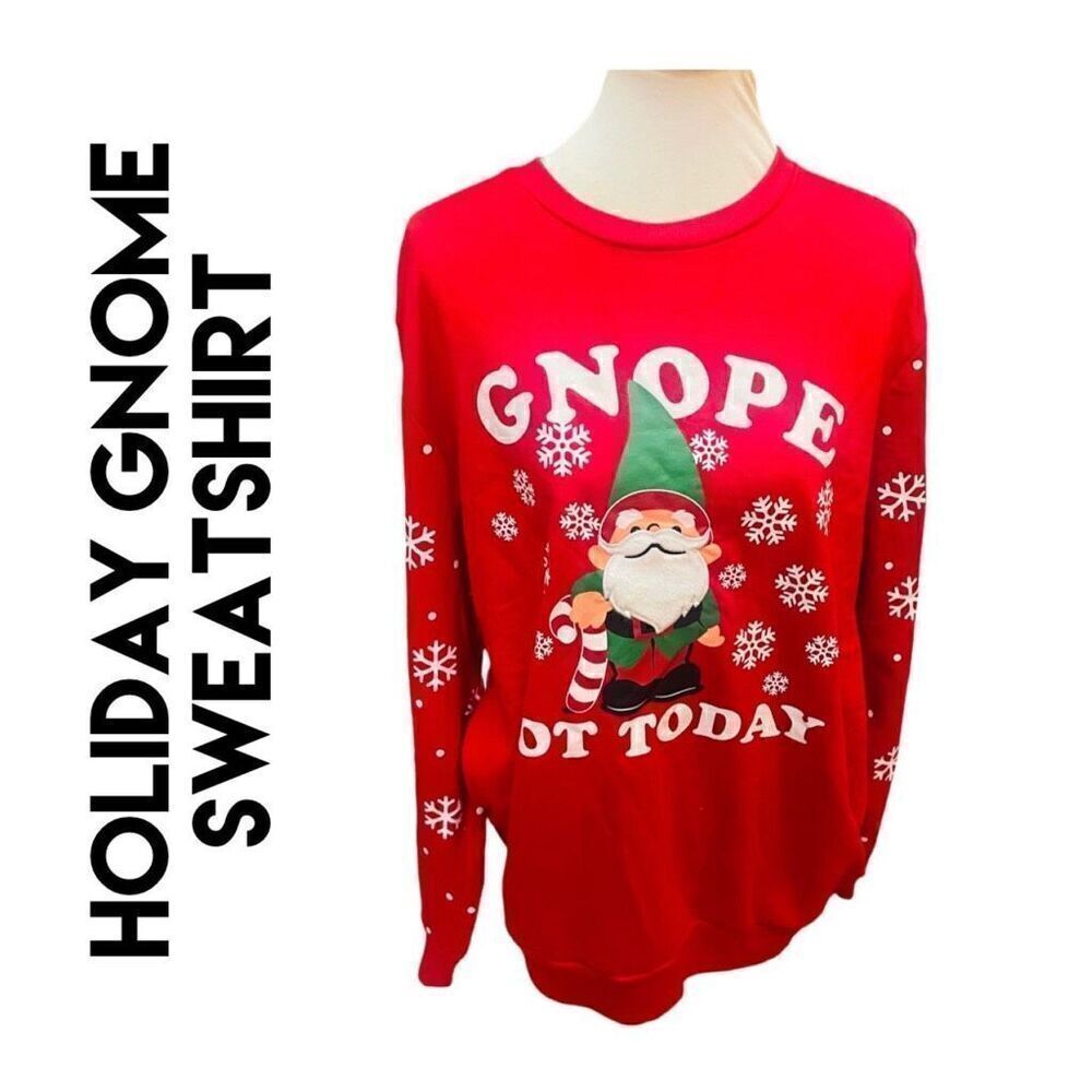 Unbranded Gnome “Gnope Not Today” Red Long Sleeve  With Fuzzy Beard Christmas Sw
